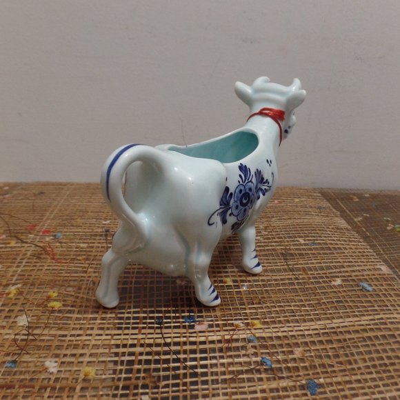 Vintage Porcelain Blue Glazed Delft Cow Creamer DBL Crown Logo w/Bell - Picture 6 of 12